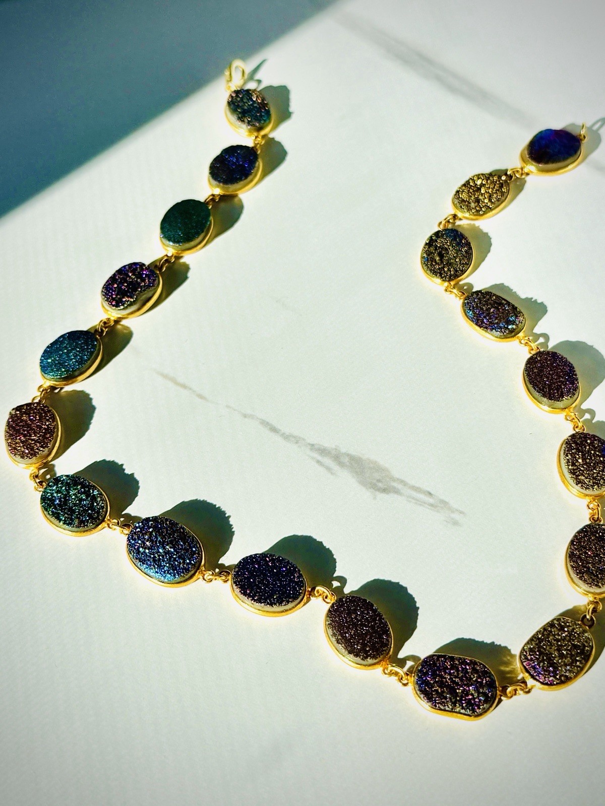 Gold Plated Sterling Silver Multi Color Druzy Link Station Necklace Rainbow New