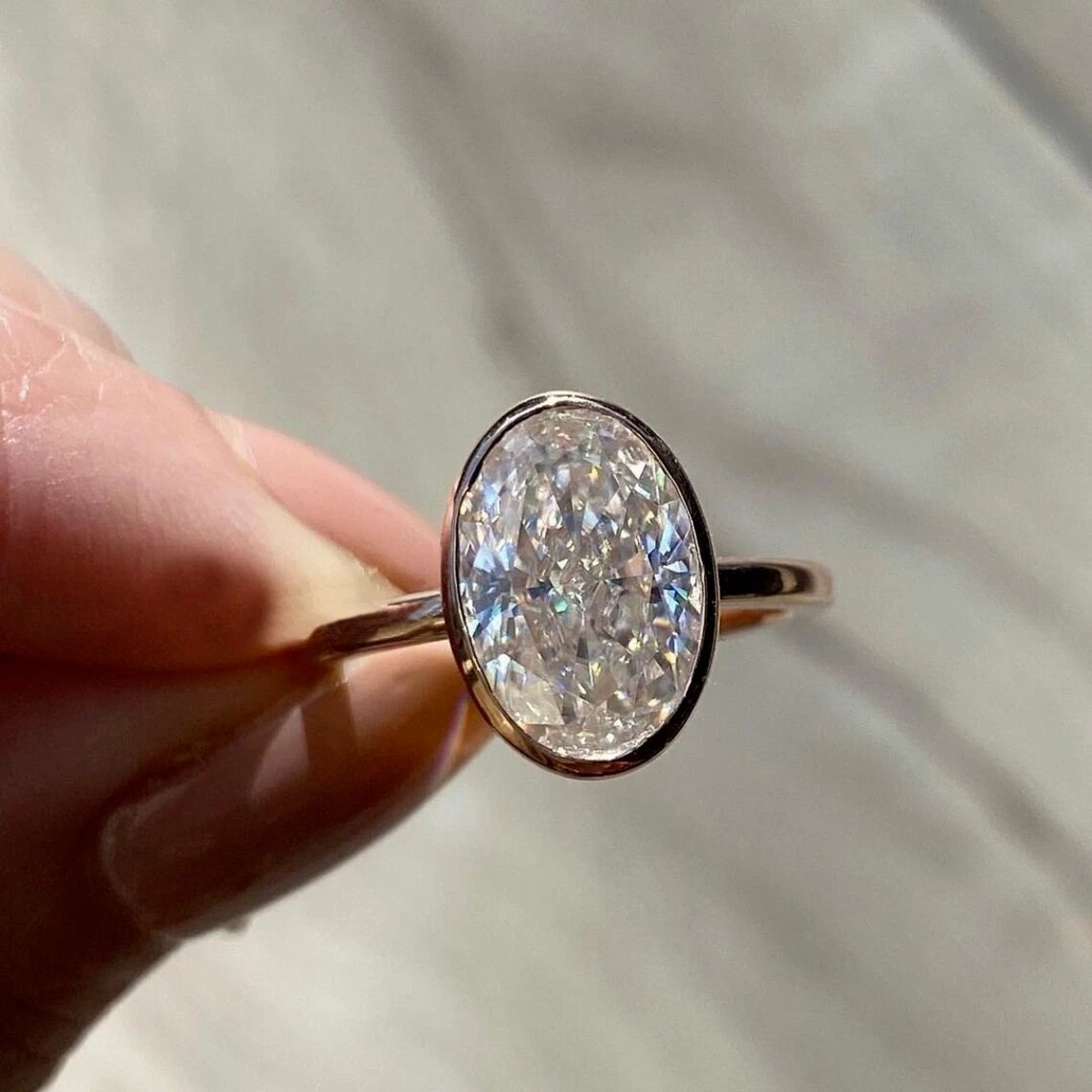10x8mm 2.60Ct Oval Mossanite Bezel Set Engagement Ring in 14K Yellow Gold Plated