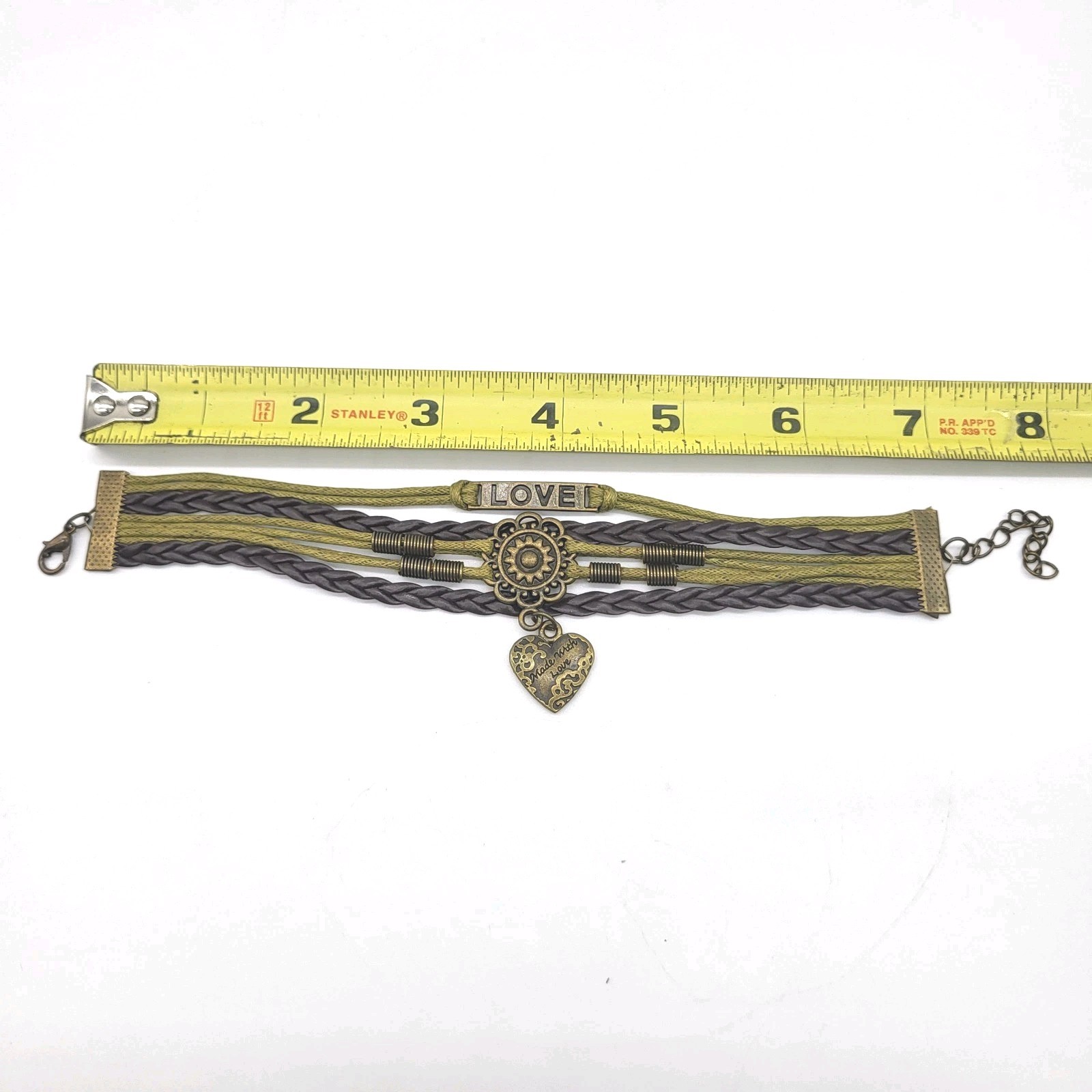 Multi Strand Dark Brown Braided Faux Leather Bracelet With 3 Love Charms