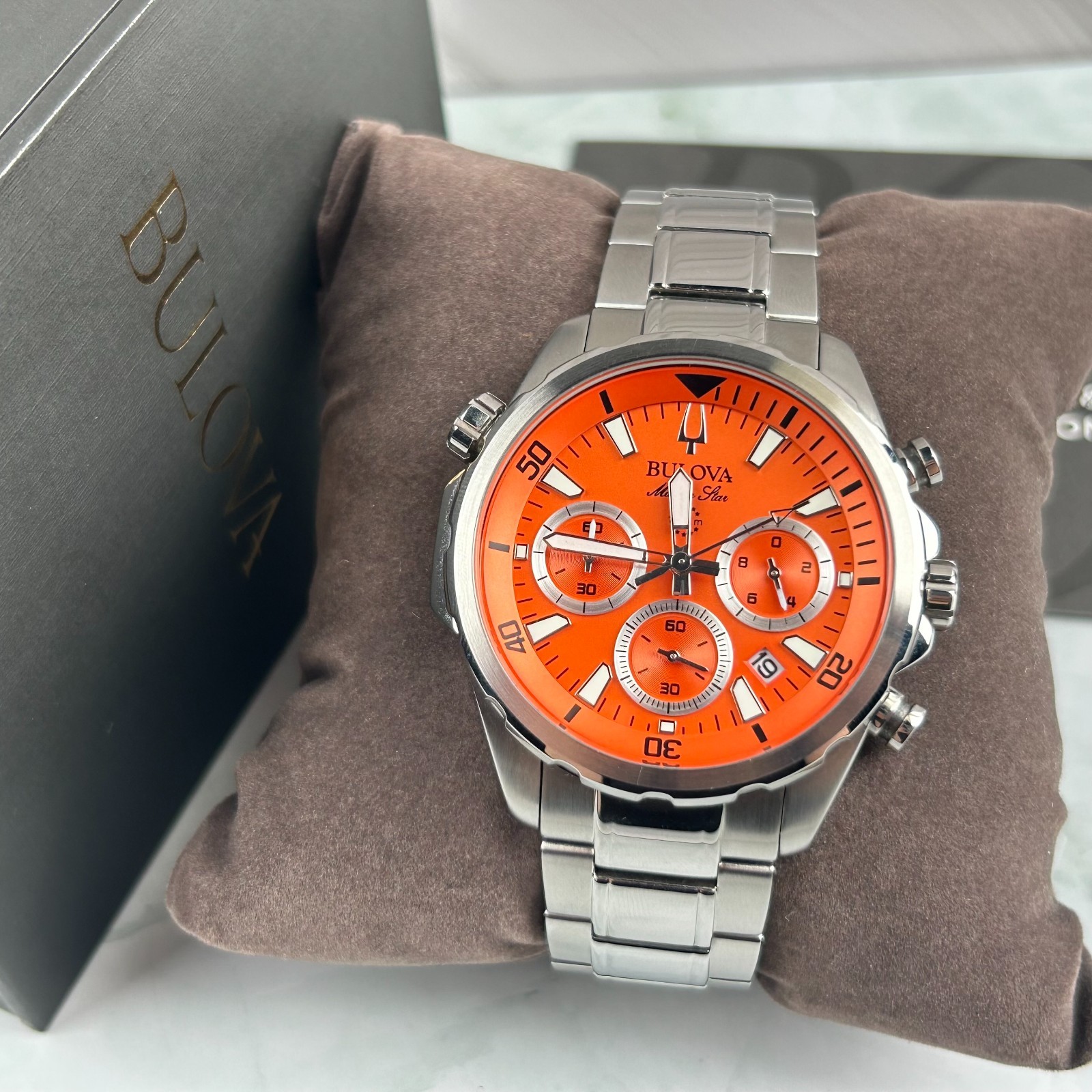 Bulova Classic Marine Star 96B395 Orange Dial Chronograph Men’s Quartz Watch New