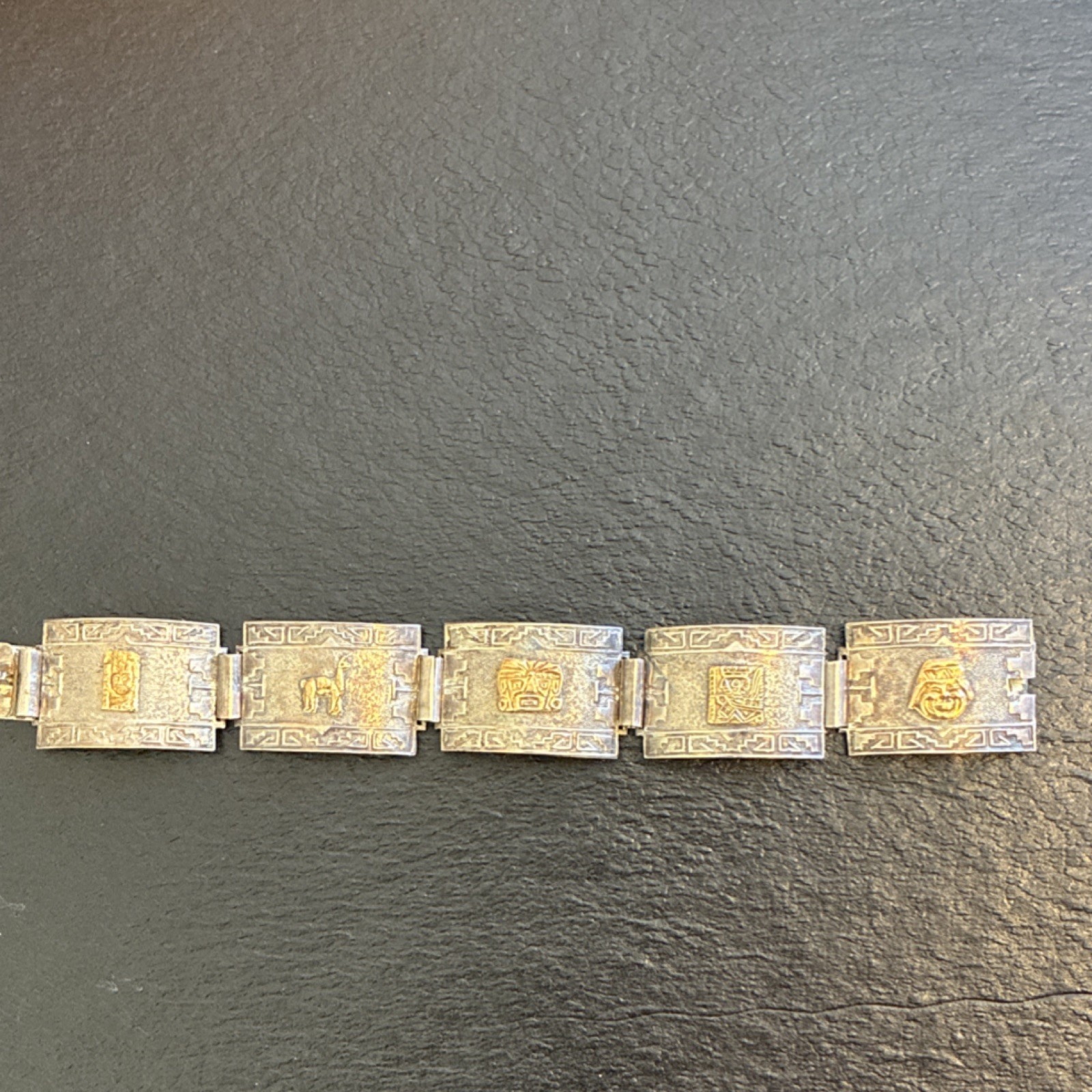 South American 925 Silver Link Bracelet with Ethnic Motif, 18k Gold Accents
