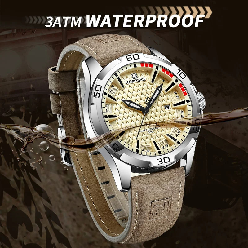 NAVIFORCE Men’s Business Watch Luxury Leather Band Quartz 30M Water Resistant
