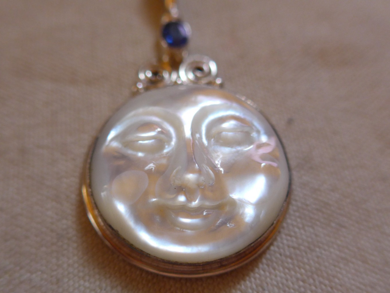 Sajen Sterling Silver Mother of Pearl Moon Face Blue Stone Pendant