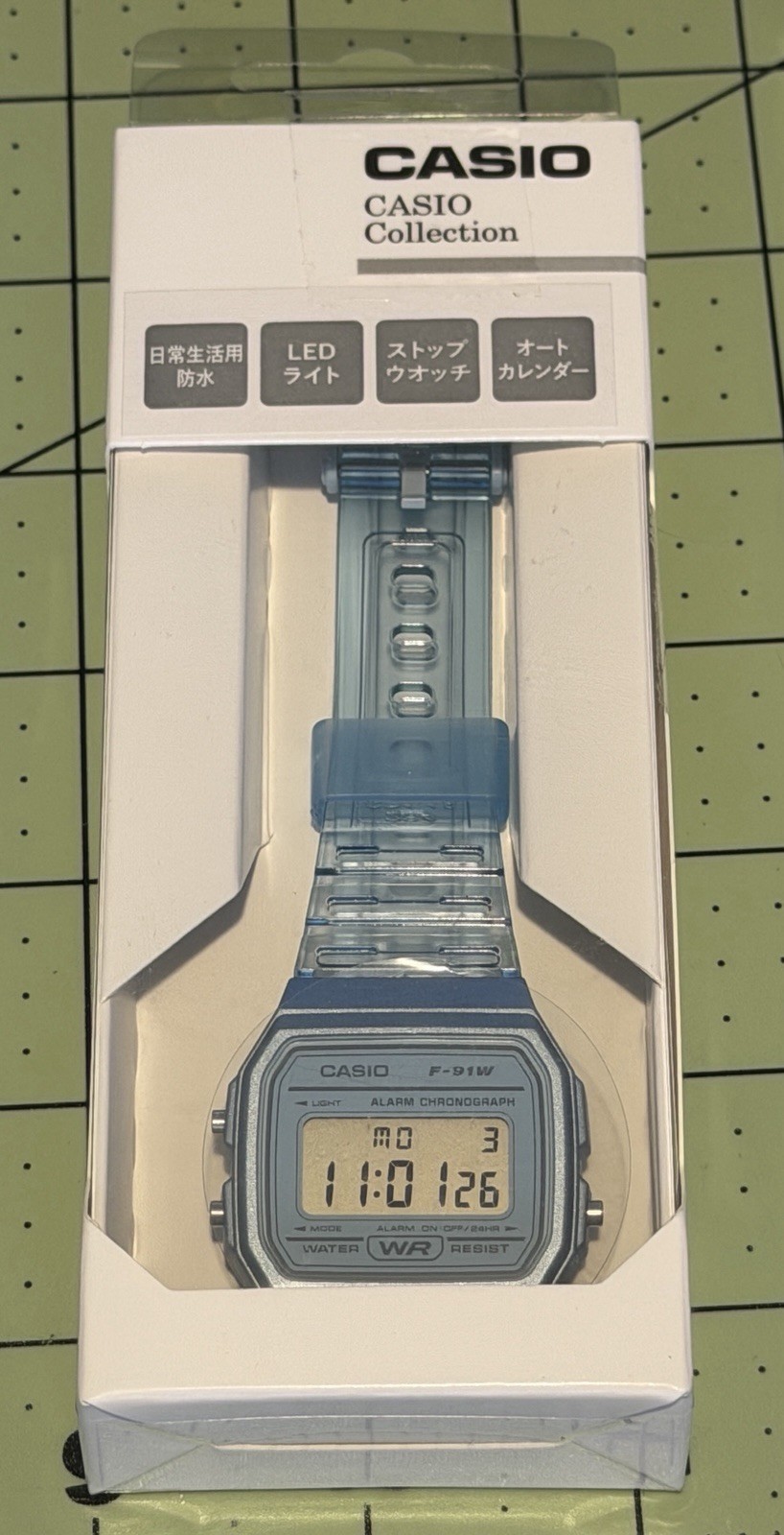 Casio F-91WS-2JH Digital Quartz Watch, LED Alarm Chronograph, Clear Blue Strap