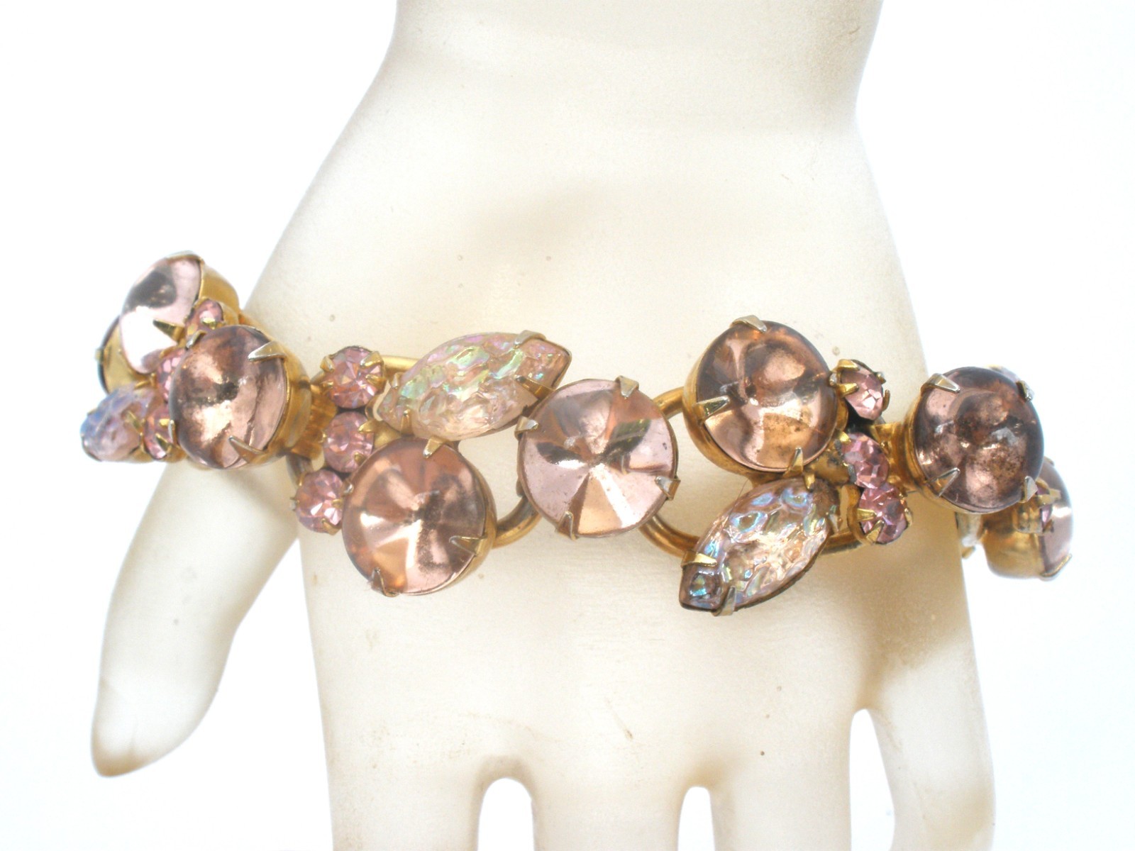 Vintage D & E For Juliana Bracelet Pink Rhinestones 5 Link 7.5″ Long Gold Tone