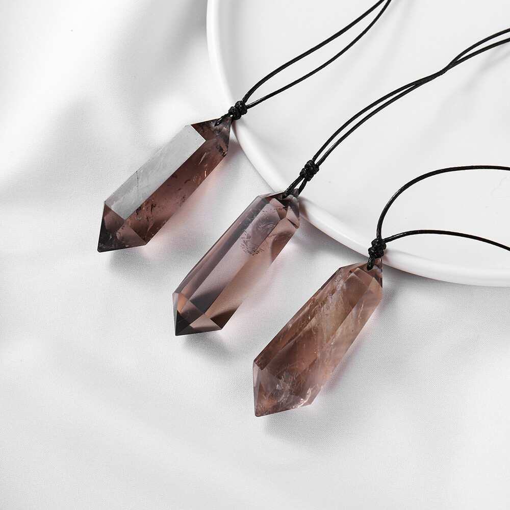 Smoky Quartz Crystal Double Point Pendant Natural Necklace Hexagonal Stone
