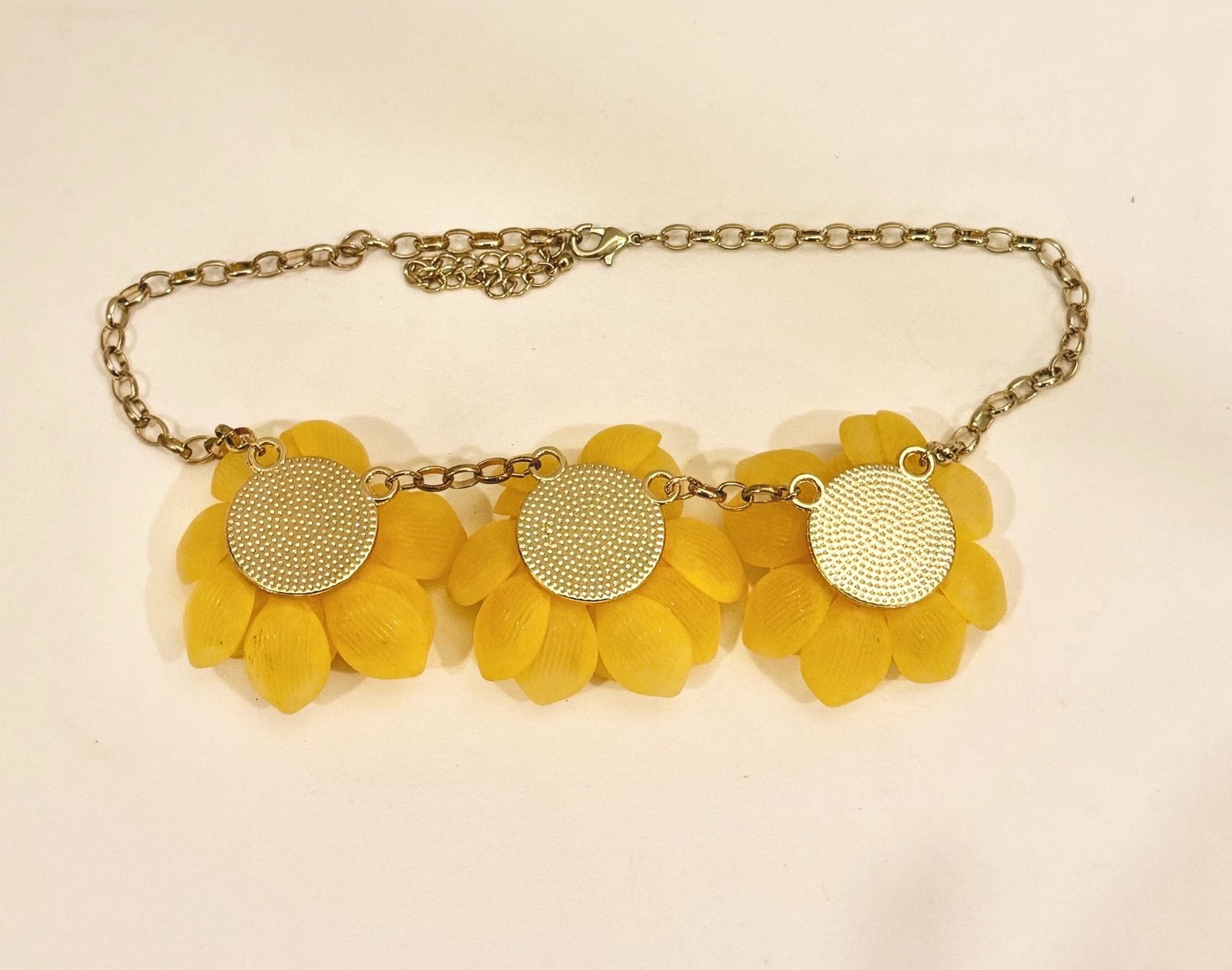 Summer Yellow Floral Statement Necklace with Gold Tone Accents