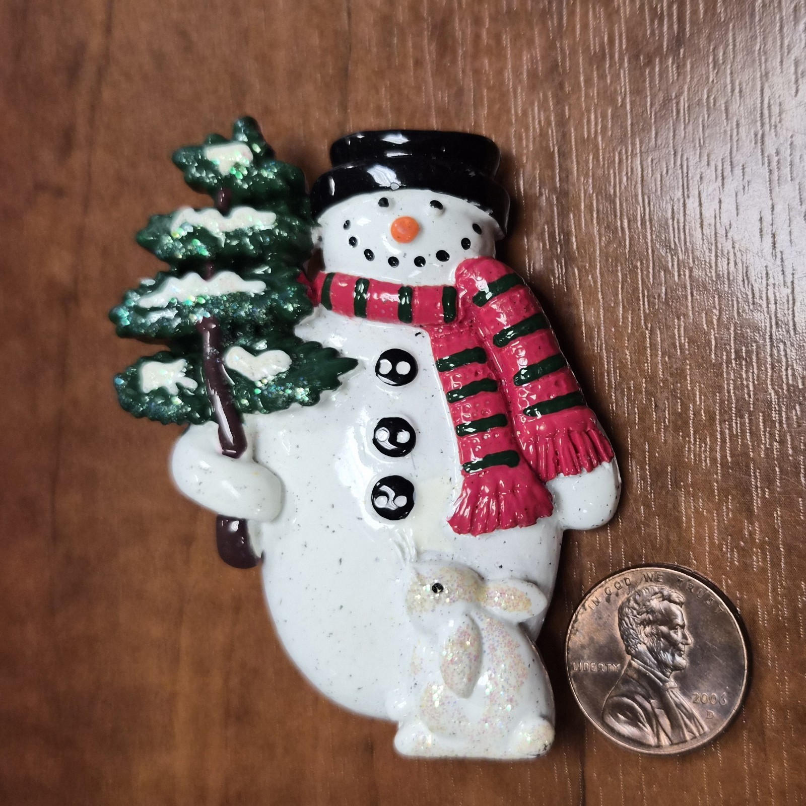 Estate Decorative Christmas Holiday Snowman Holding a Tree & Bunny Pin / Brooch