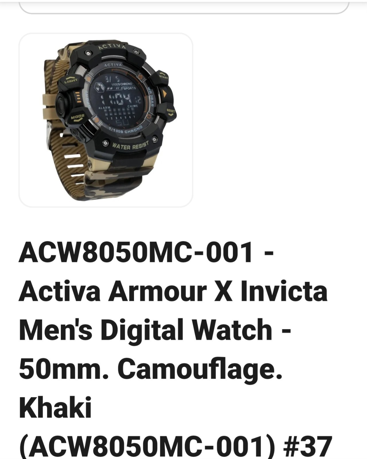 Activa Armour X Invicta Men’s 50mm Camouflage Khaki Digital Watch ACW8050MC-001