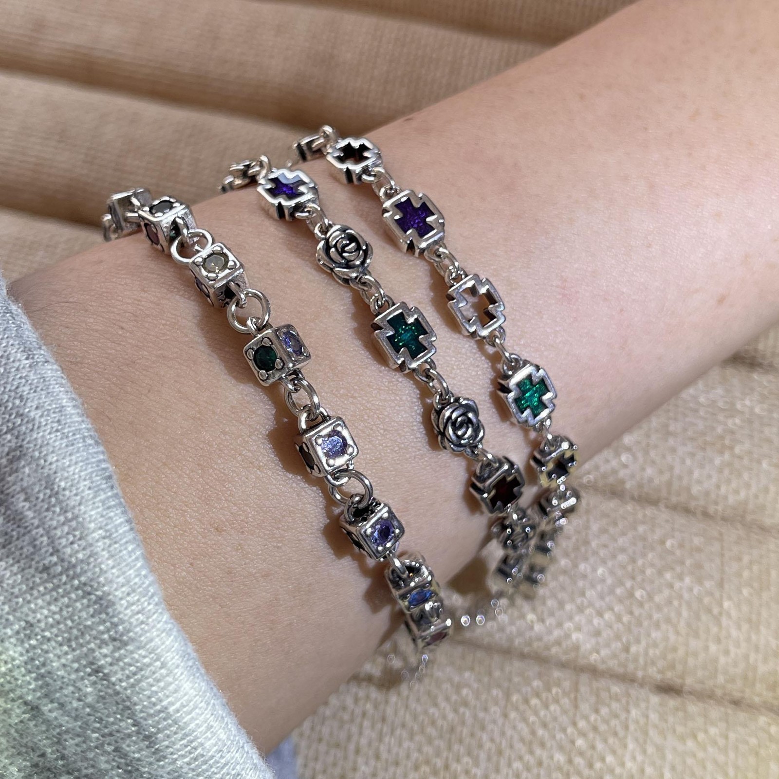 Solid 925 Sterling Silver Retro Cross Bracelet Vintage CZ Handmade Unisex Gift