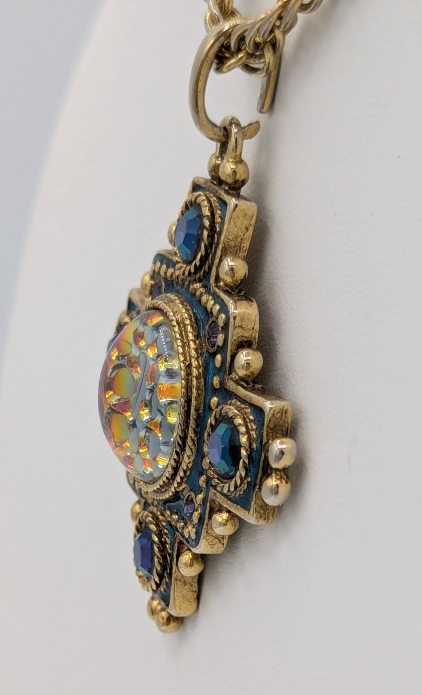Vintage Etruscan Revival Maltese Cross Pendant Necklace Blue Art Glass