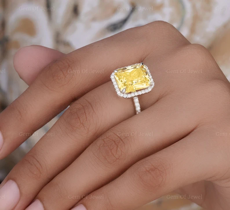 4.38 Ct Emerald Cut Yellow Sapphire Diamond Wedding Ring 14K White Gold Size 7.5