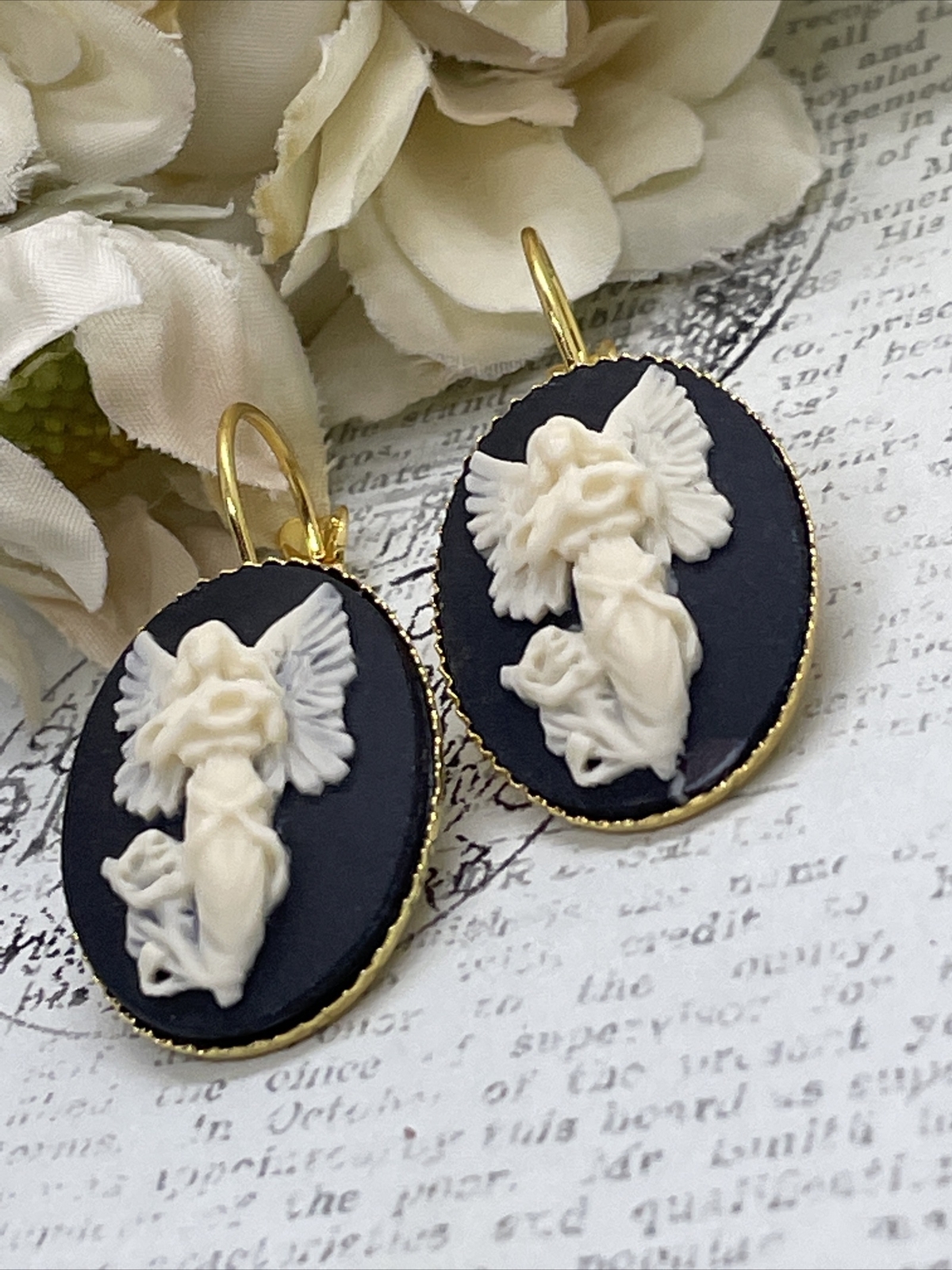 Gold Cream & Black Victorian Angel Wedding Anniversary Earrings Cameo Birthday