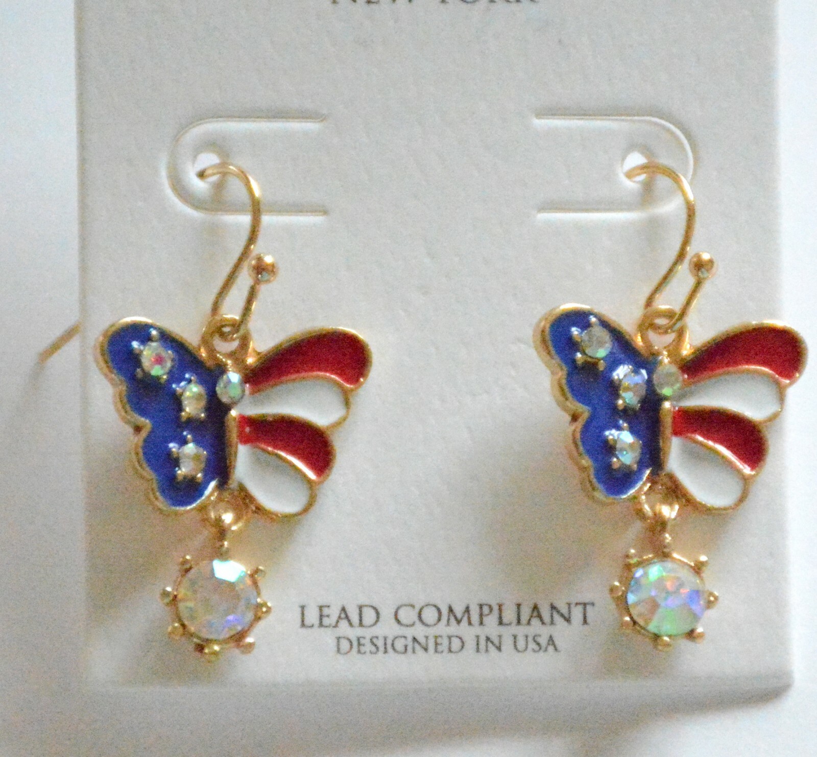 Patriotic Butterfly Fish-Hook Earrings / Red ~ White ~ Blue USA Flag / Gold-ton