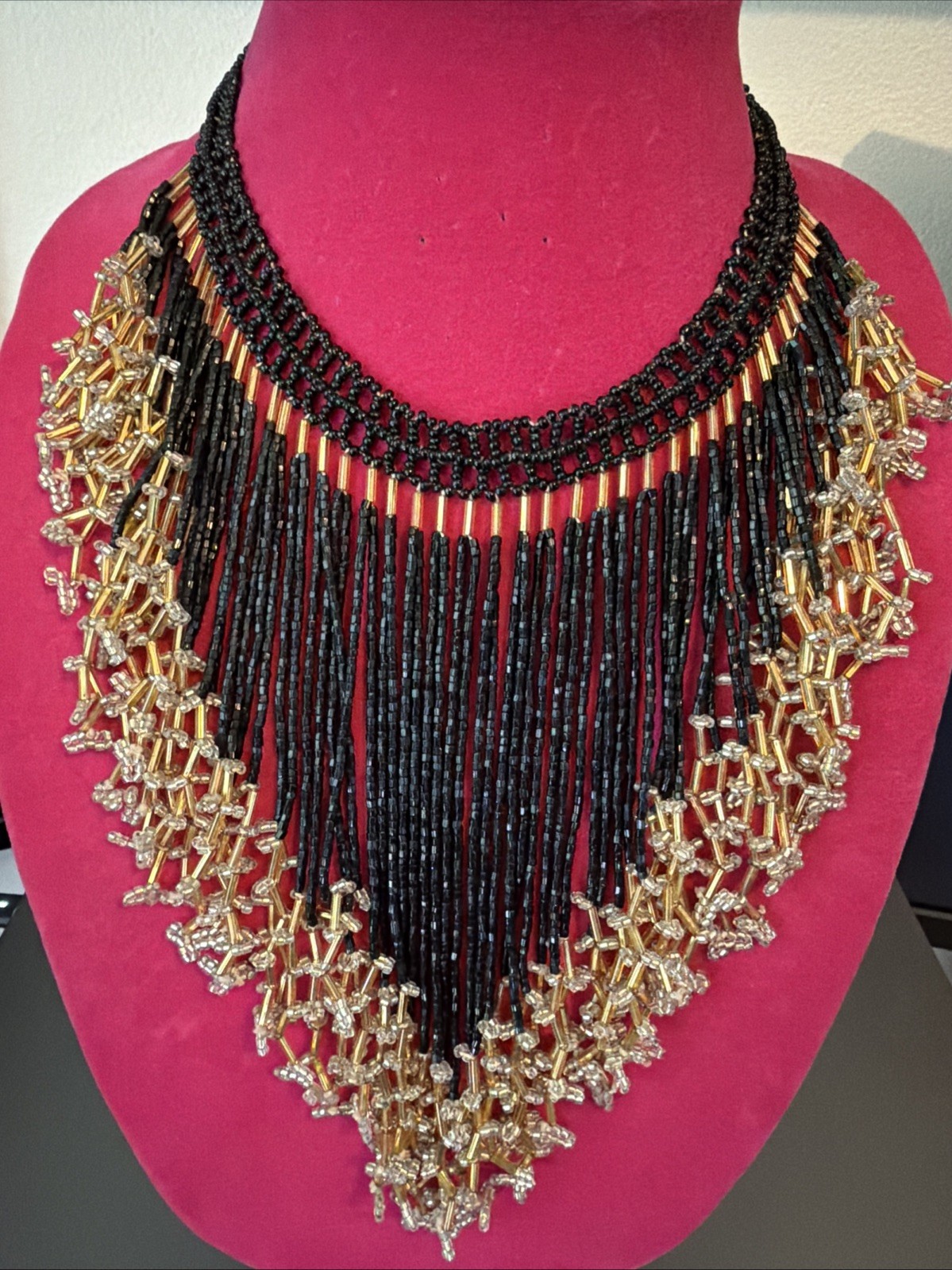 Vintage Fringe Beaded Bib Choker Collar Necklace Black & Gold 16″