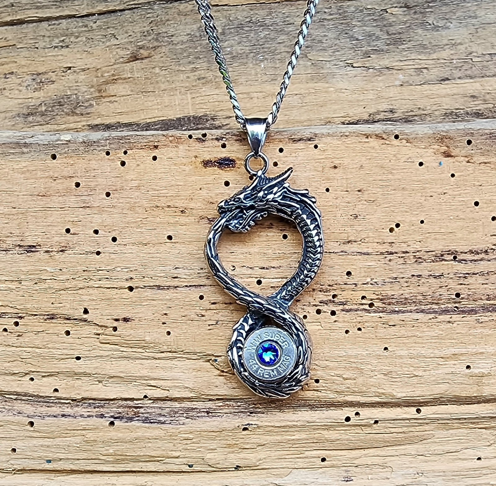 Large Stainless Steel Dragon Bullet Necklace. 44 Mag Bullet. Optional Crystal.
