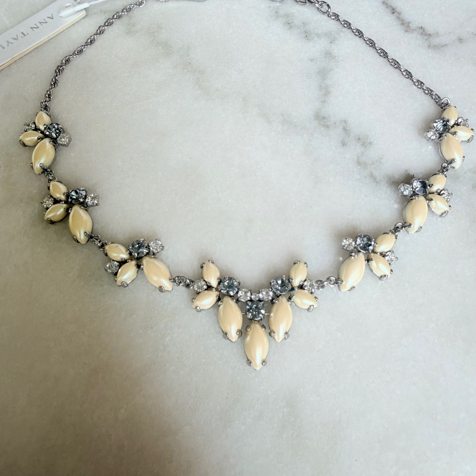 Ann Taylor Silver Tone Faux Pearl Crystal Statement Necklace Grey Cream Floral