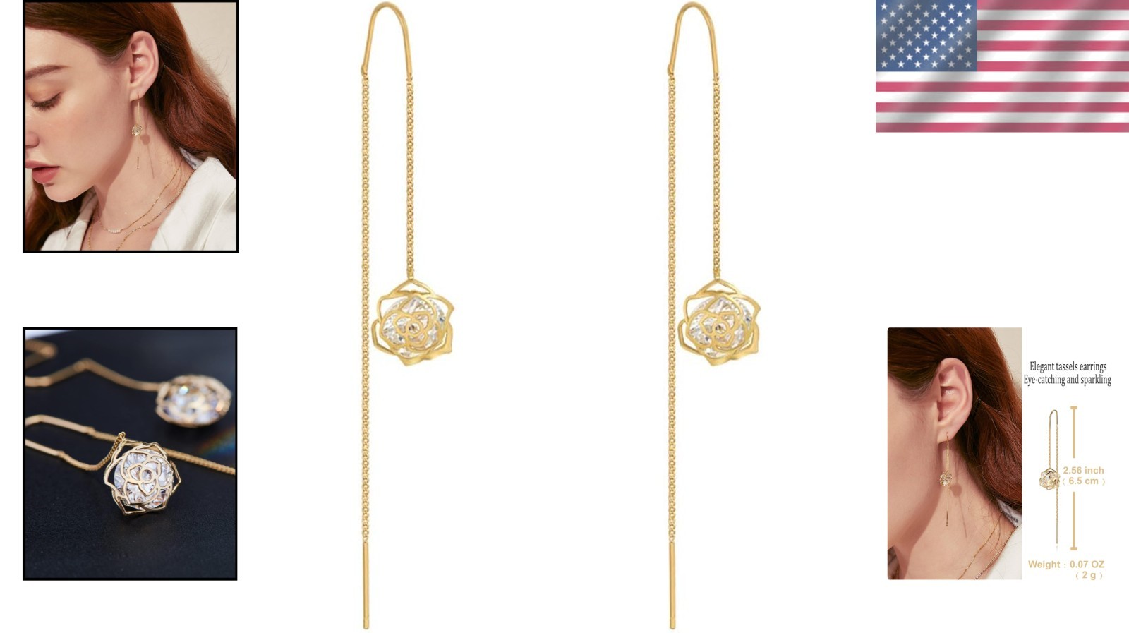 Aretes Largos de Cadena Flor Rosa Oro 14K para Mujer o Dama de Honor