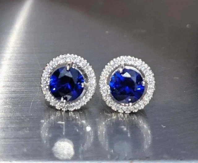 2Ct Round Lab Created Blue Sapphire Stud Earrings Womens 14K White Gold Plated