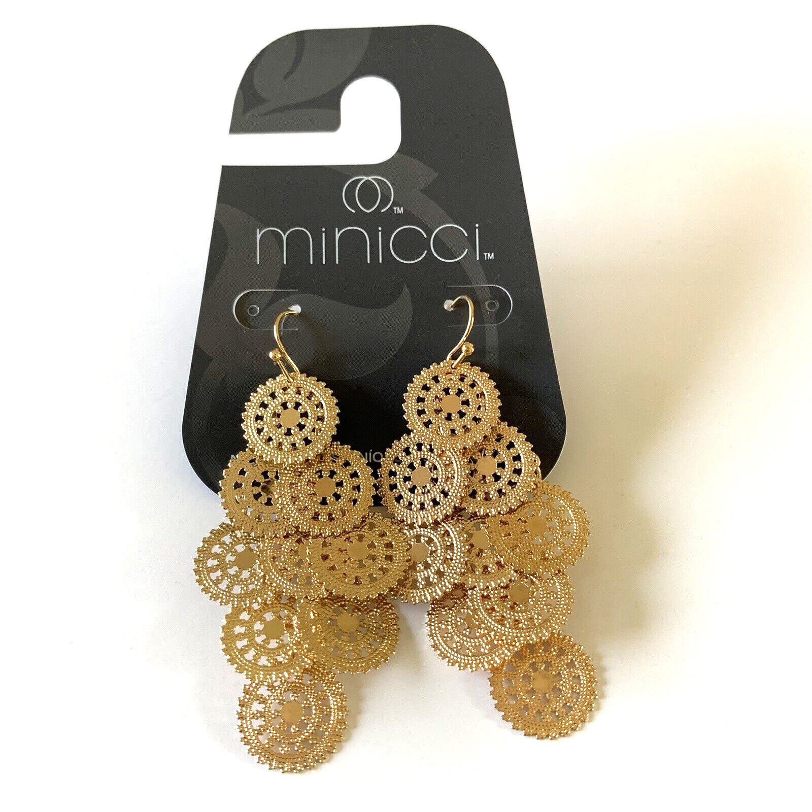 Minicci Earrings Gold Tone Etched Round Disc Drop/Dangle Nickel Free