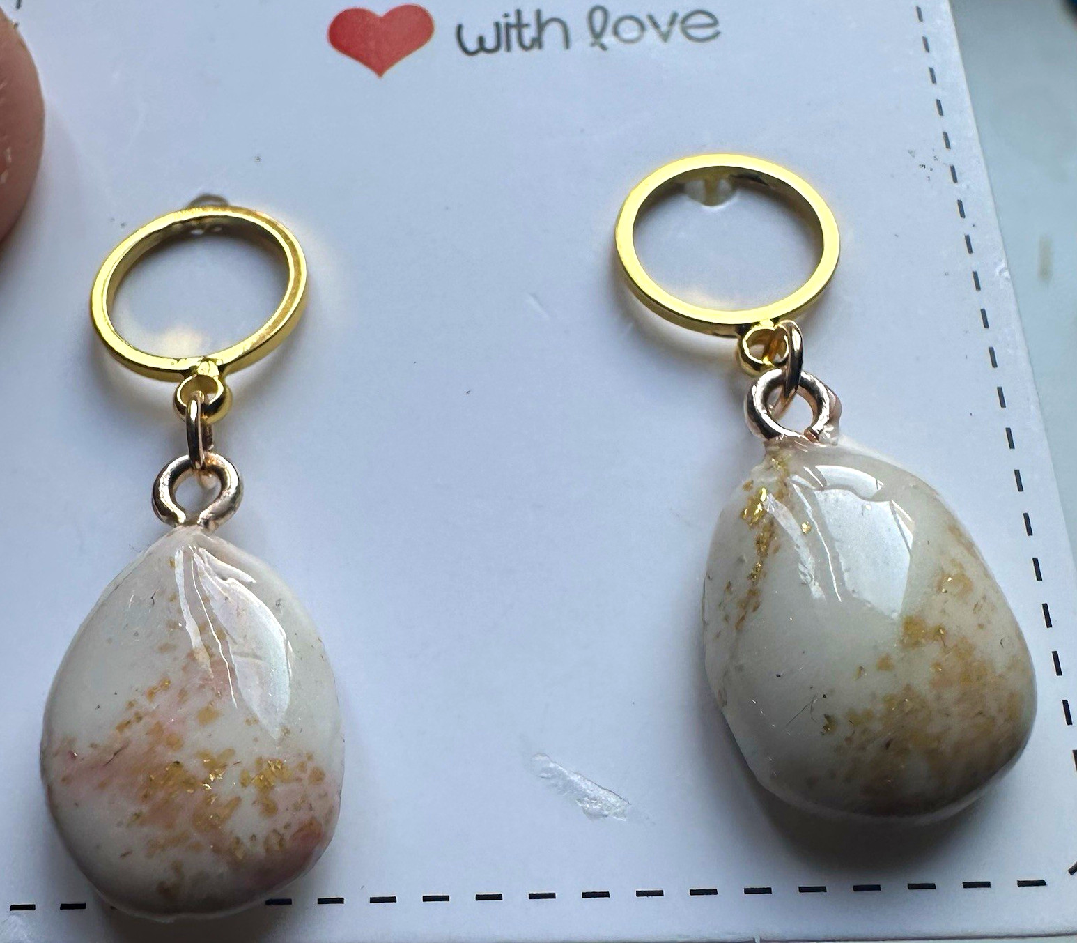 Handmade Gold Tone White Teardrop Resin Dangle/Drop Hoop Earrings