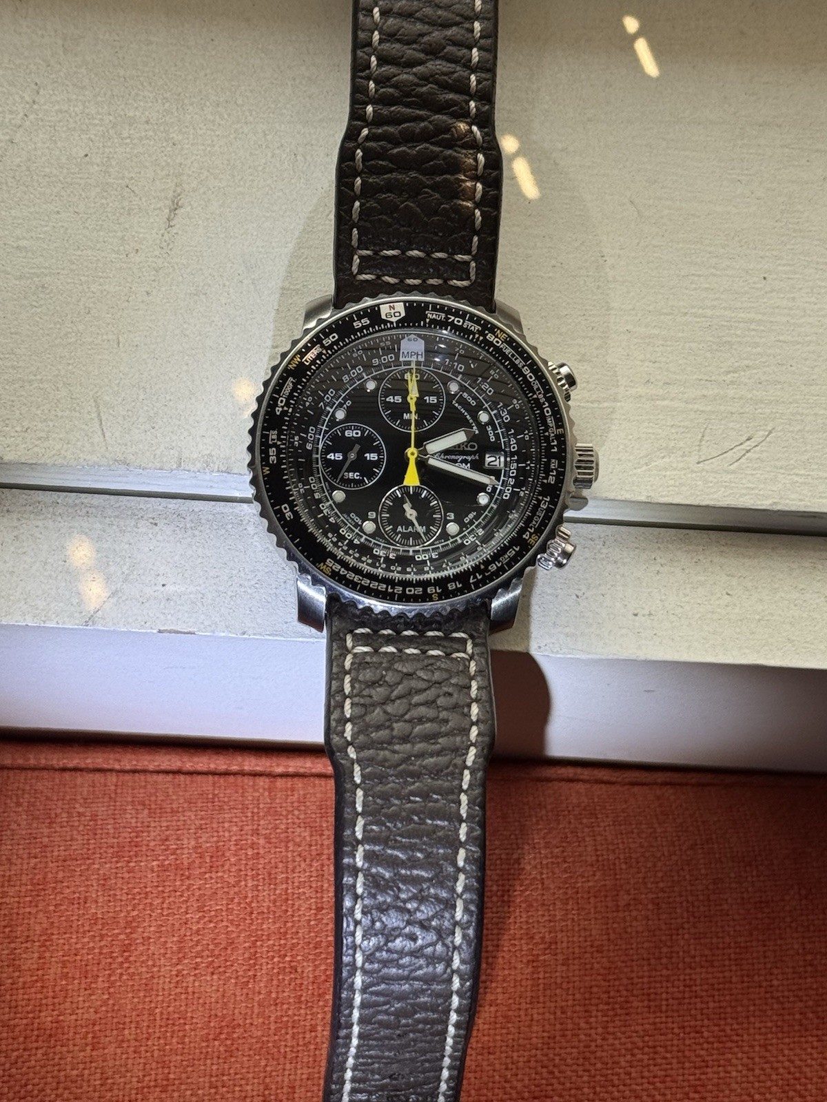 Seiko Flightmaster Men’s Quartz Chronograph Alarm Slide Rule Black Dial Brown