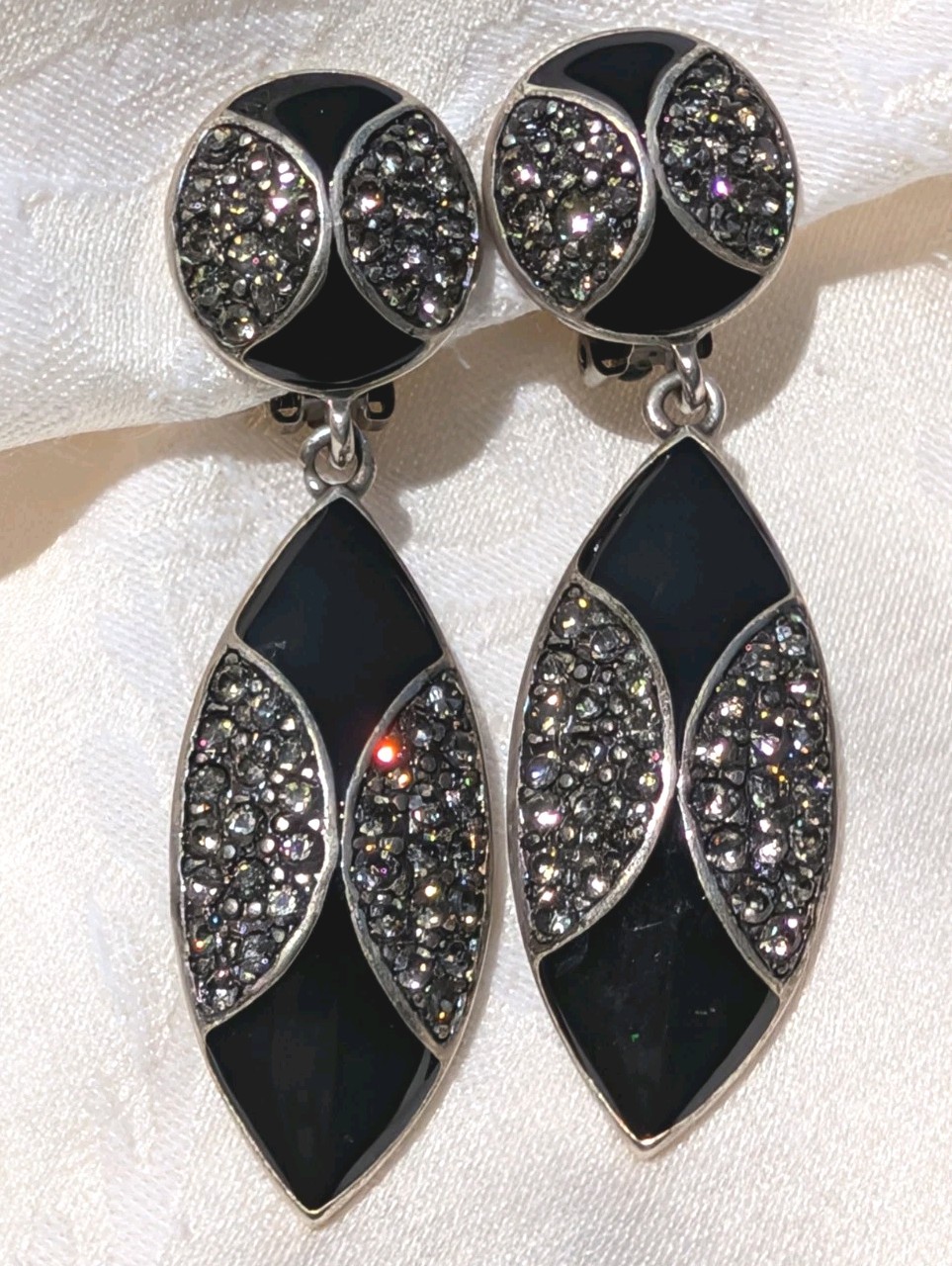Vintage Bijoux NY Designs Black Enamel Marcasite Dangle Clip On Earrings 1980s