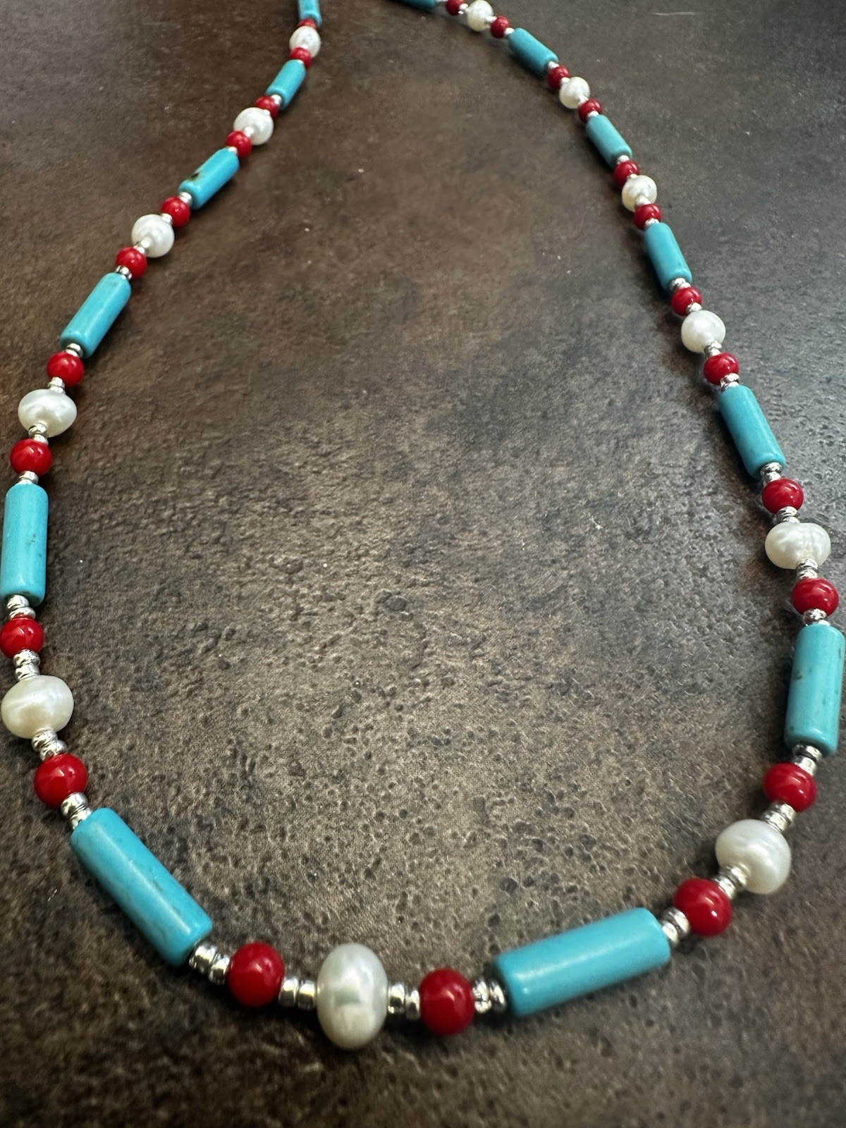 Turquoise, Red & Pearl Beaded Necklace – Handmade Jewelry