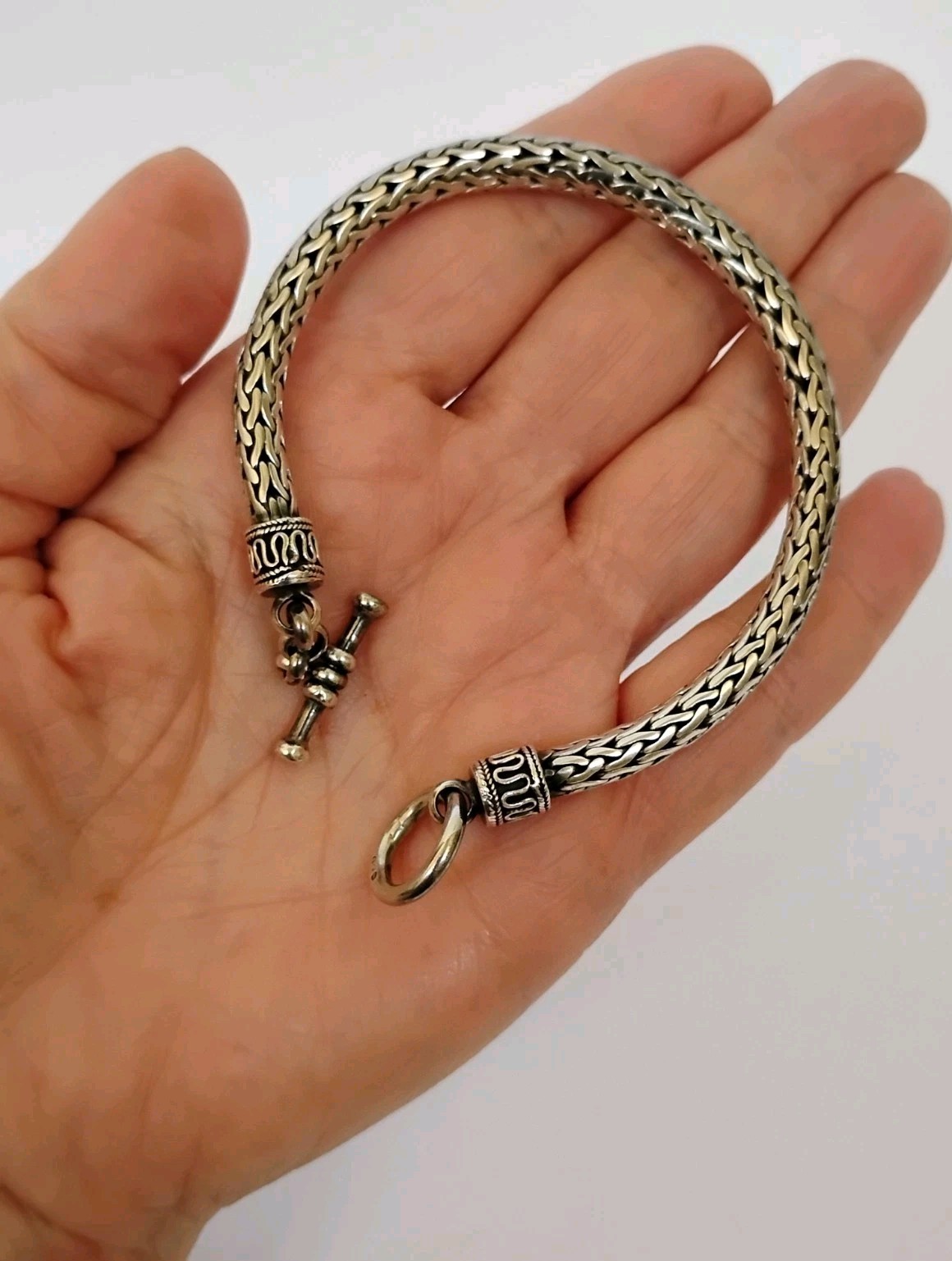 Sterling Silver 6mm Wheat Braided Link Toggle Bracelet 925 Oxidized 33.9g