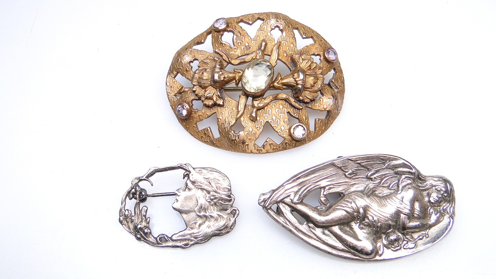 Art Nouveau Pins Jeweled Silver Metal Angel Woman’s Face Vintage 3pc Lot