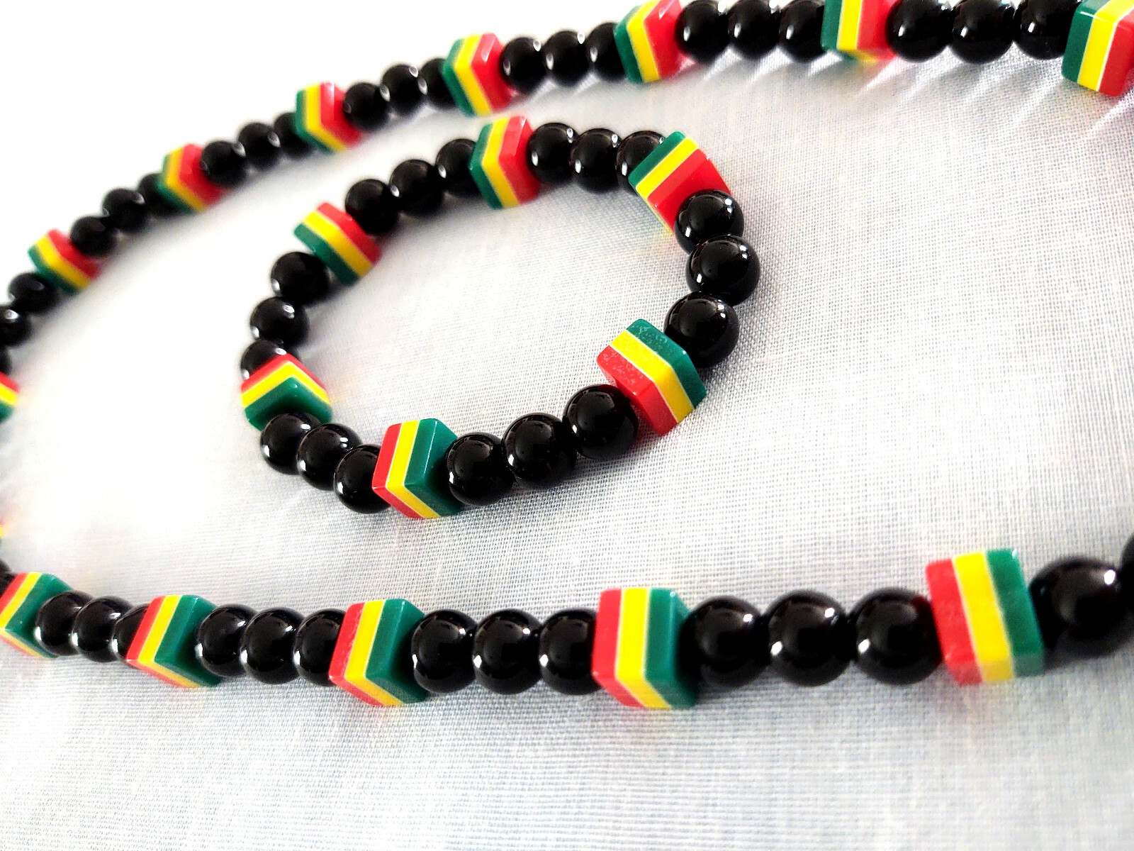 Reggae Acrylic Beaded Rasta Black Green Yellow Red Colors Necklace Bracelet Set