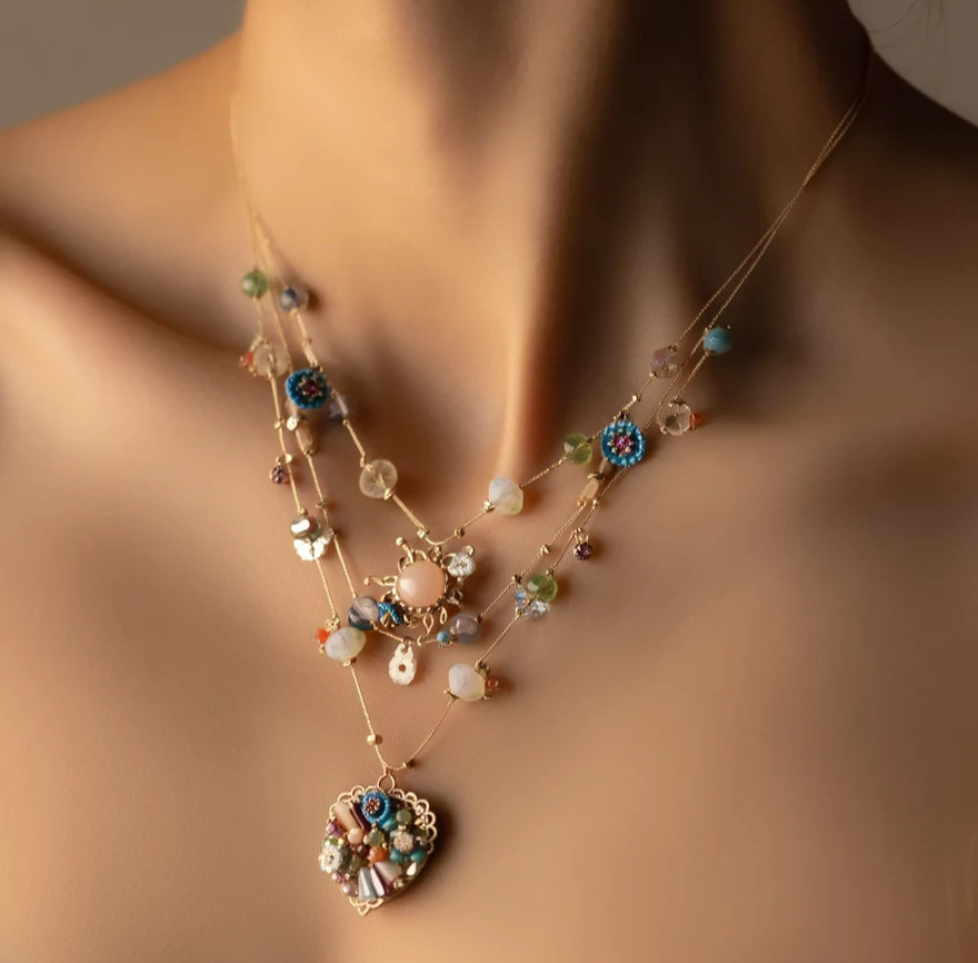 Betsey Johnson Layered Beaded Heart Necklace, Multicolor Boho Statement Jewelry