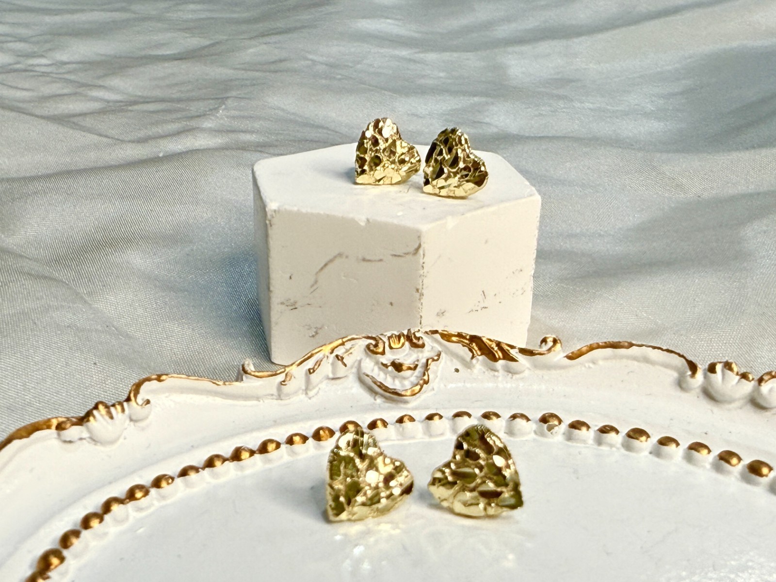 10K Real Solid Yellow Gold Heart Nugget Earrings