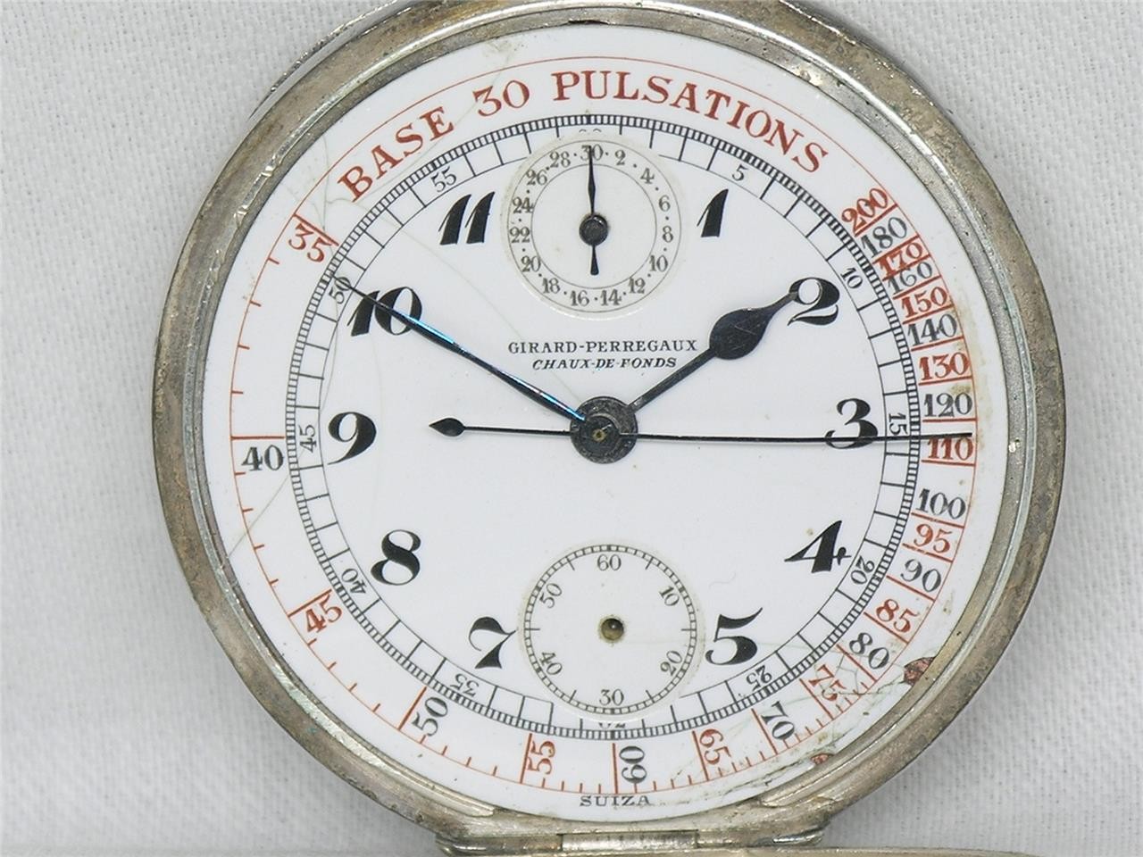 VINTAGE 51MM 17 JEWEL GIRARD-PERREGAUX CHRONOGRAPH SILVER POCKET WATCH, RUNNING!