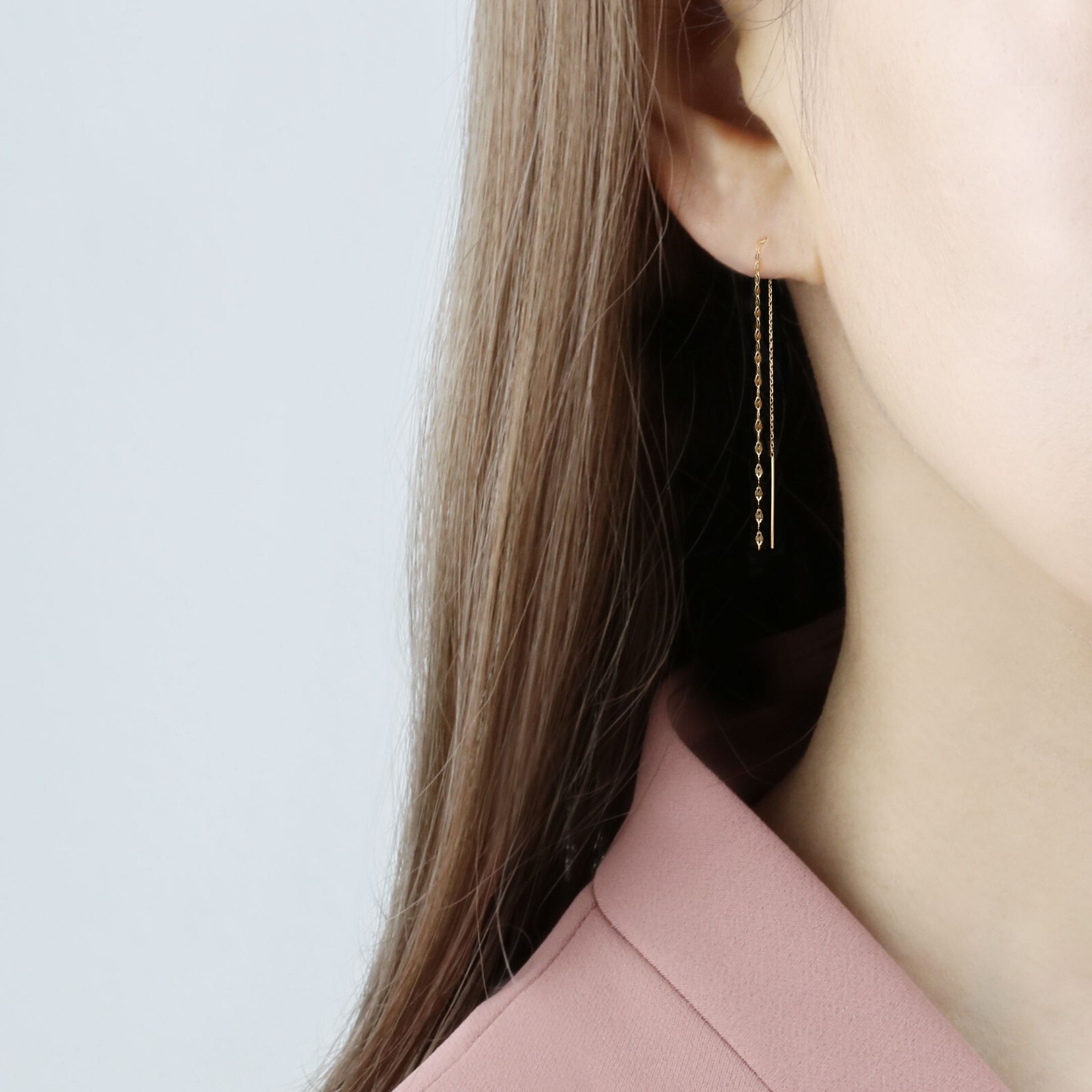 14k Solid Gold Double Chain Threader Earring, Pull Through Dangling Earring