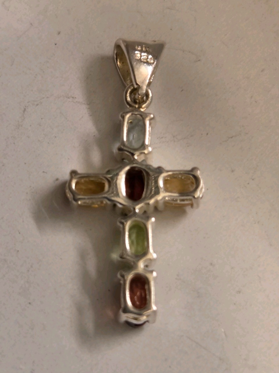 Sterling Silver STS 925 Oval-Cut Multi-Gemstone Cross Charm Pendant