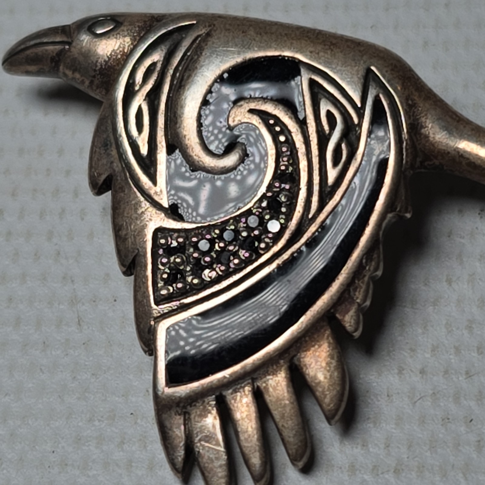 Peter Stone Co. Limited CZ, Enamel, Sterling Silver Flying Celtic Raven Pendant
