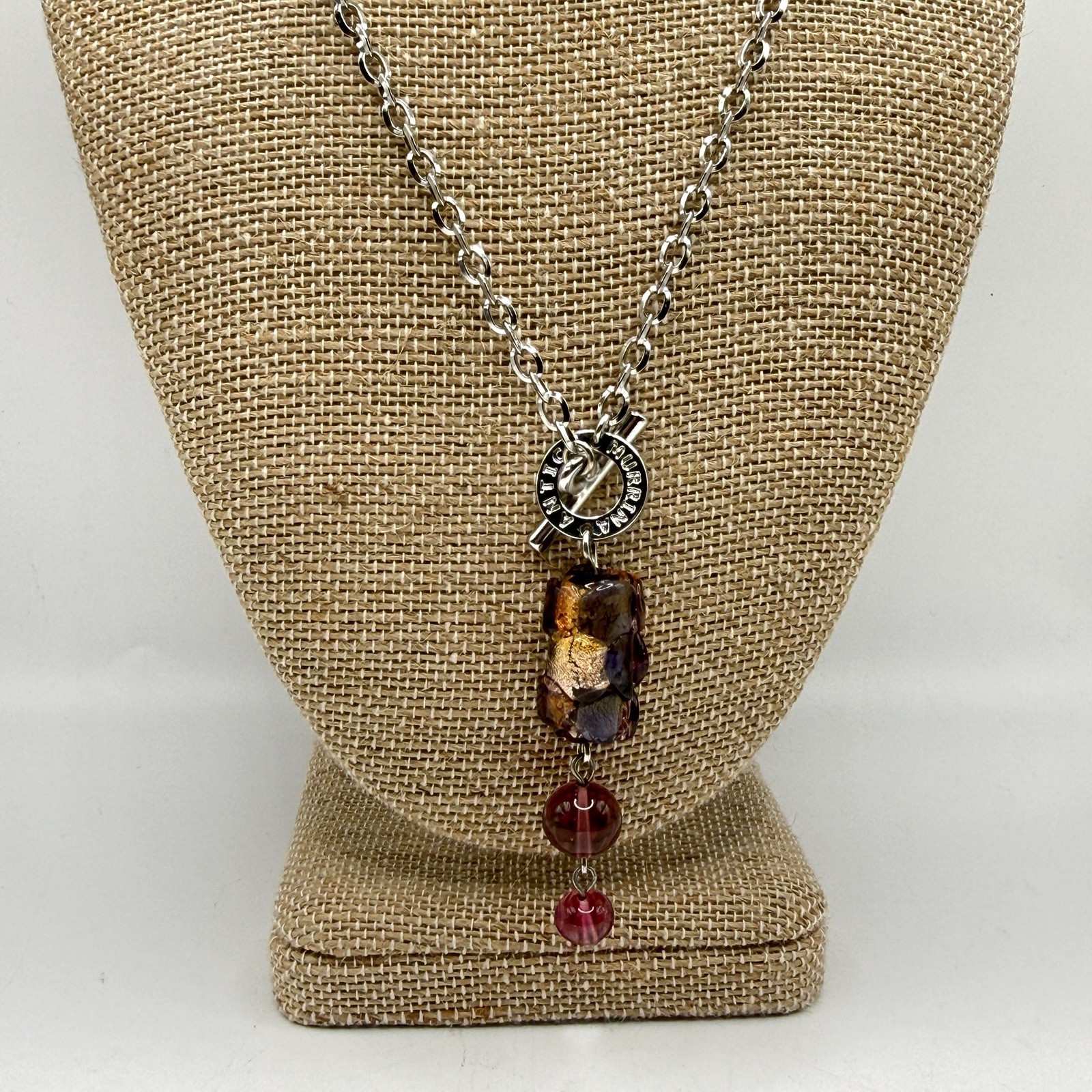Antica Murrina Brown Purple Art Glass Silver Tone Toggle Pendant Necklace 17”