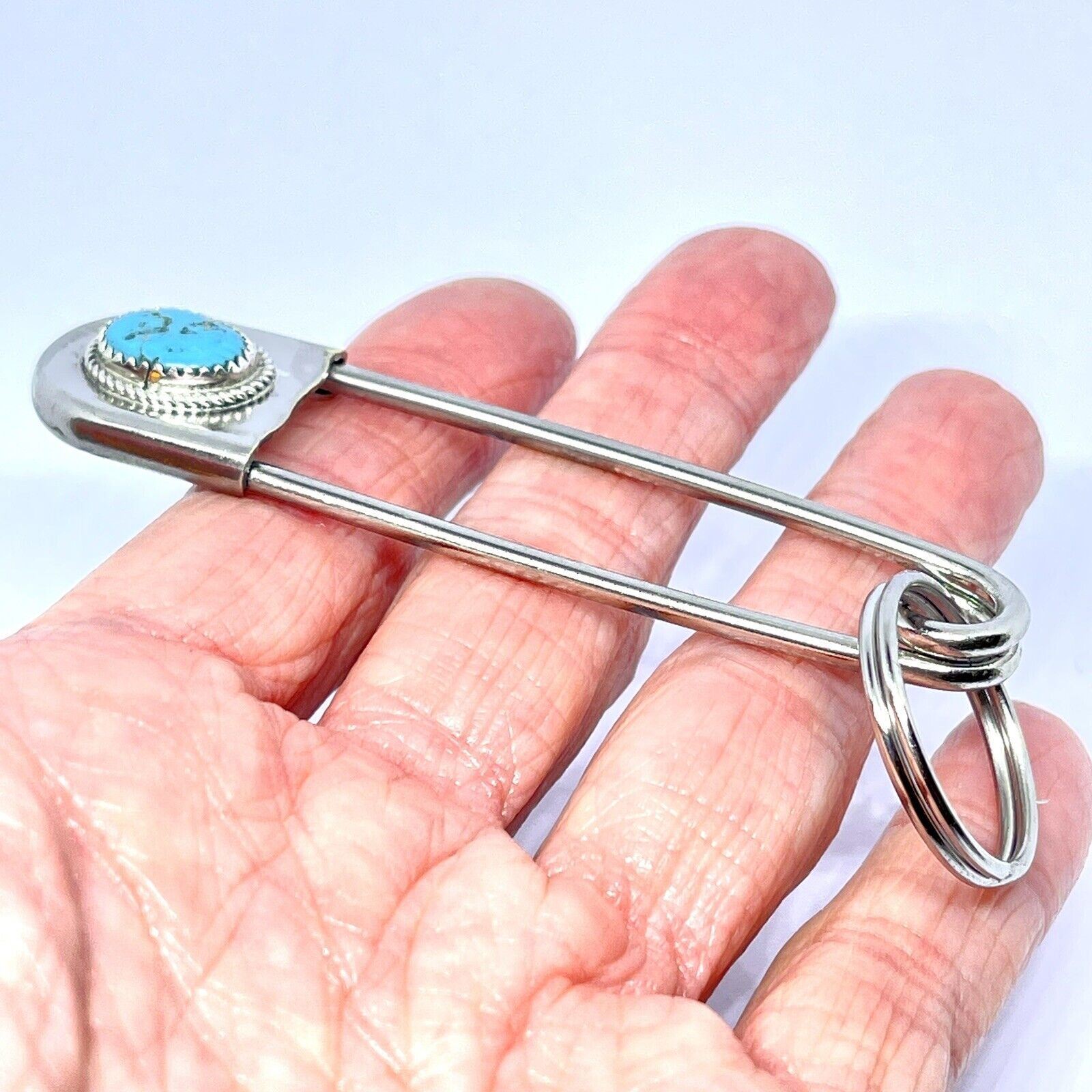 Giant Safety Pin Keyring Turquoise Nugget Key Chain Tag 4in Navajo Mens Gift