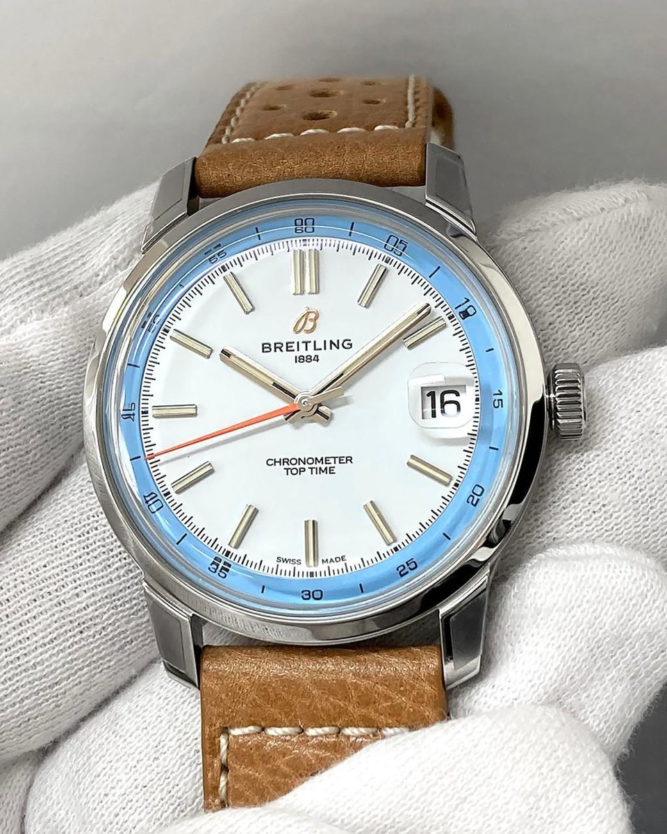 BREITLING Top Time B31 38mm Sky Blue Dial Leather Men’s Watch AB3113281A1X1