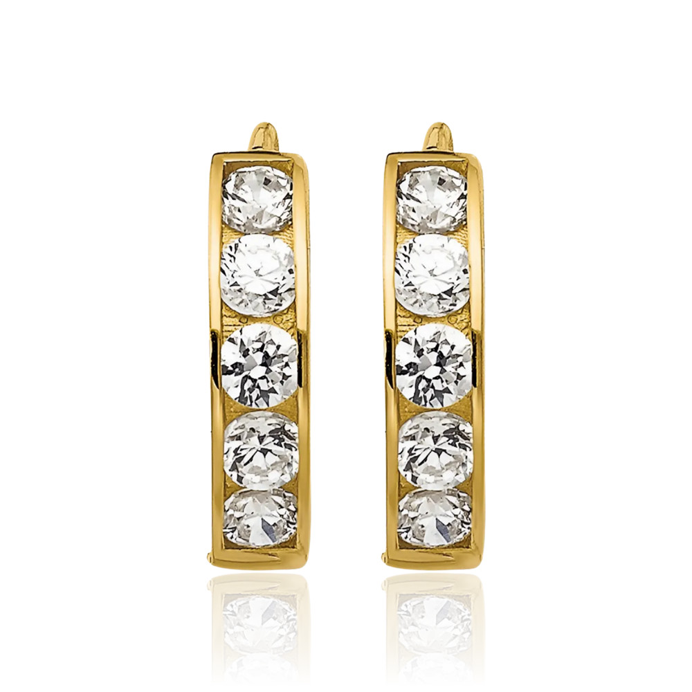 14K Solid Yellow Gold Cubic Zirconia Small Huggie Hoop Earrings 10mm 3/8 inch