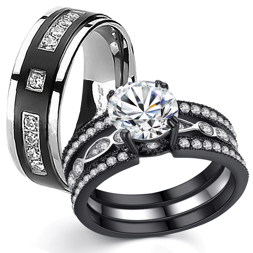 His Hers Stainless Steel Titanium Bridal Wedding Engagement Ring Band Set