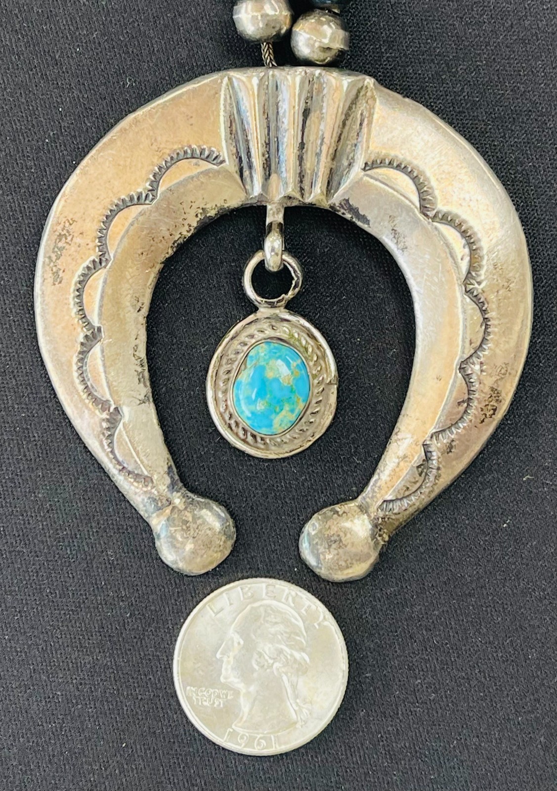 Vintage Navajo Sterling Silver Squash Blossom With Turquoise Drop Pendant 114g