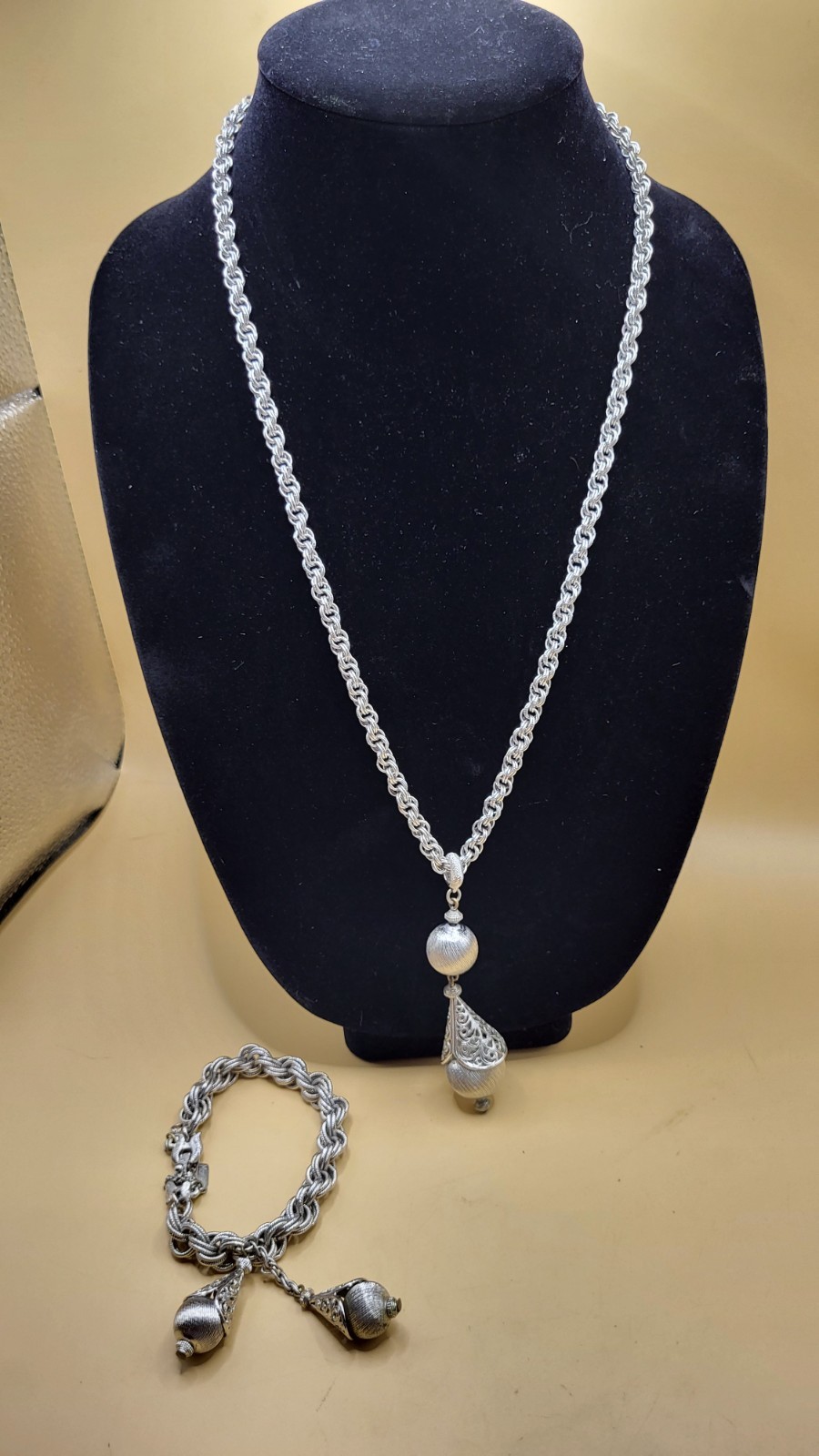 Vintage Signed Monet Bolero Necklace and Bracelet Set Silver Tone Brushed Finish