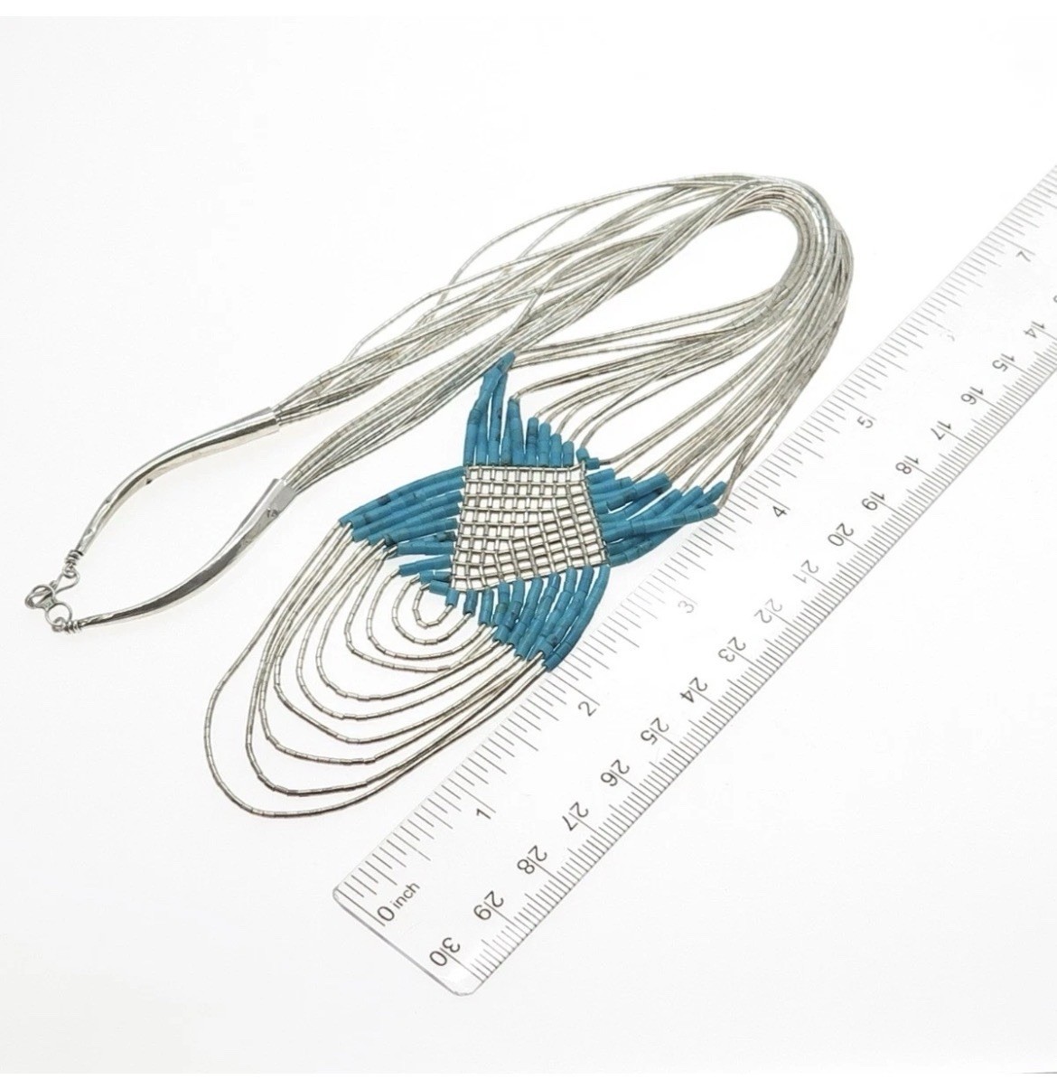 Vintage Liquid Silver .925 Turquoise Beaded Layered Necklace Ethnic Woven Hook