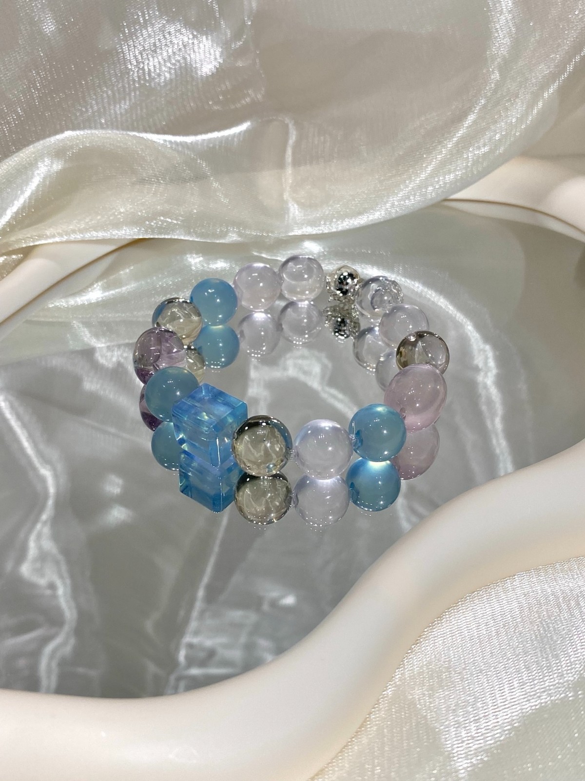 LUSA FEELA Aquamarine Amethyst Crystal Beaded Stretch Bracelet Gift Box
