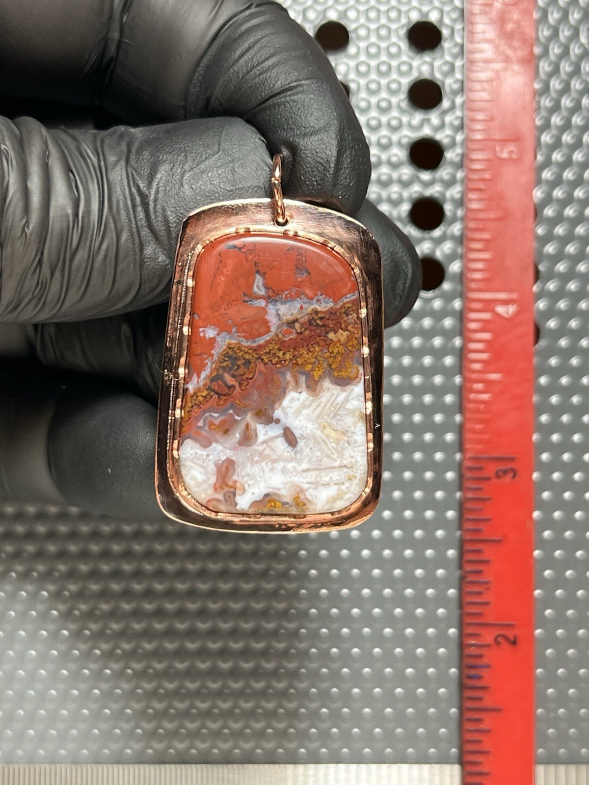 Red And White Moroccan Agate Hand Formed In Copper. Pendant Number 159