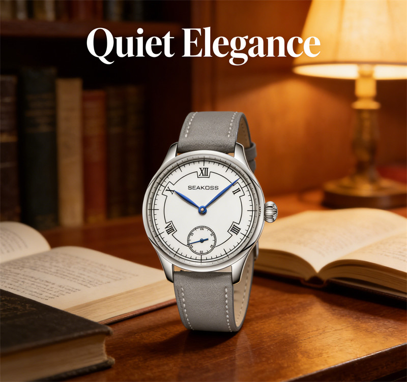 SEAKOSS Manual Wind Mechanical Watch White Roman Dial Blued Hands Small Second