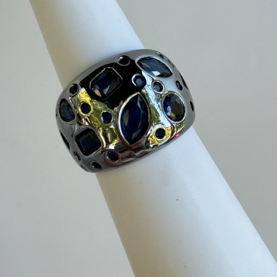 Bomb Party September Ring Size 5 LC Sapphire on Hematite “Woke Up Royal”
