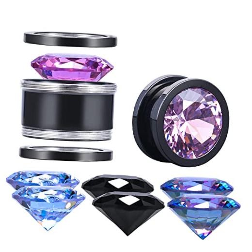 Set of 4 Pairs Color Zircons and 1 Pair Stainless Steel Ear Tunnel 19 mm Black